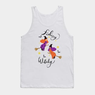 "Feeling Witchy" - Hand lettered // Orange & Purple haired witches (Halloween design) Tank Top